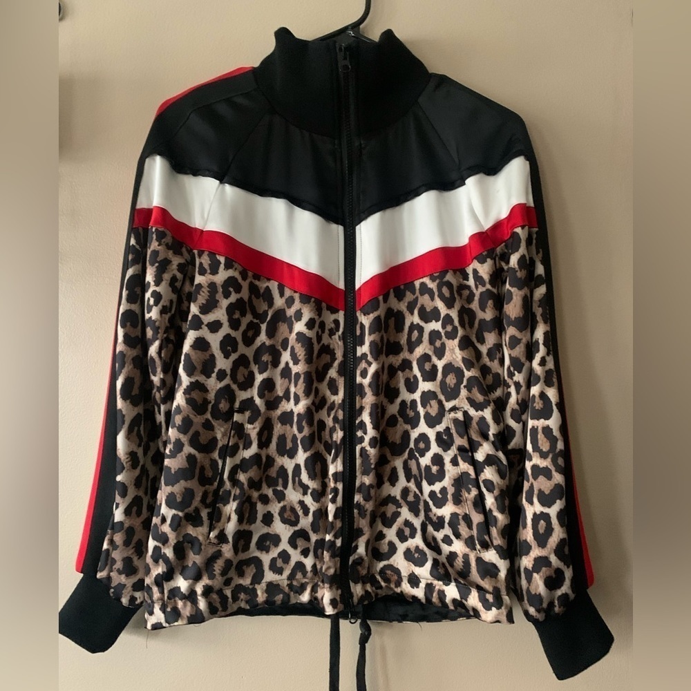 Pam & Gela Leopard Print Color Block Satin Bomber… - image 3
